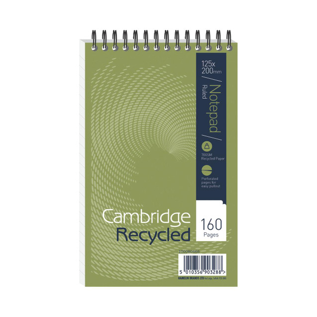 CW Office Recycled Spiral Notepad 125X200 PK10, green recycled notepad with spiral binding and perforated pages for easy pullout.