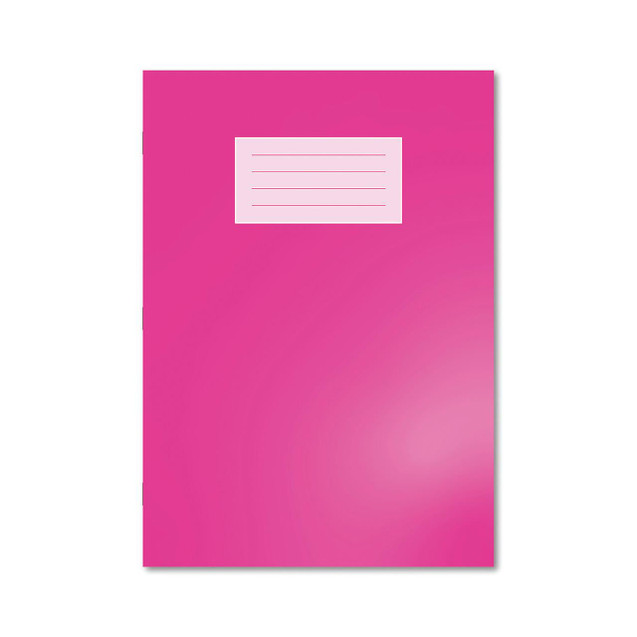 CW Office Oxford Exr Bk 8MM Lined A4 Pink PK50, a pack of 50 pink A4-sized lined notebooks with a label on the cover.
