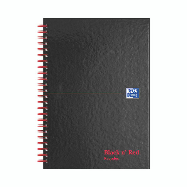 CW Office Black N Red Recy Hb Wire Ntbk A5 PK5, black recycled hardcover notebook with red wire binding and a blue Oxford logo on the cover.