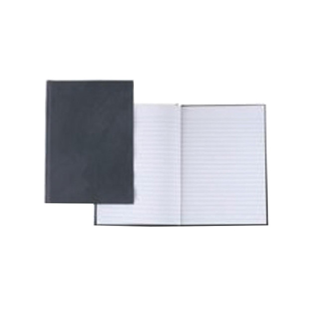 CW Office Q-Connect CB Ruled Notebook A5, open black notebook showing lined pages inside.