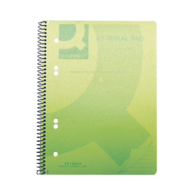 CW Office Q-Connect PP Spiral Pad A5 Green PK5, green spiral-bound notebook with A5 size pages for note-taking and organization.