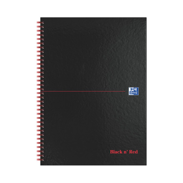 CW Office Black N Red Wire Hb Rule Ntbk A4 PK5, black hardcover notebook with red wire binding and the Oxford logo on the cover