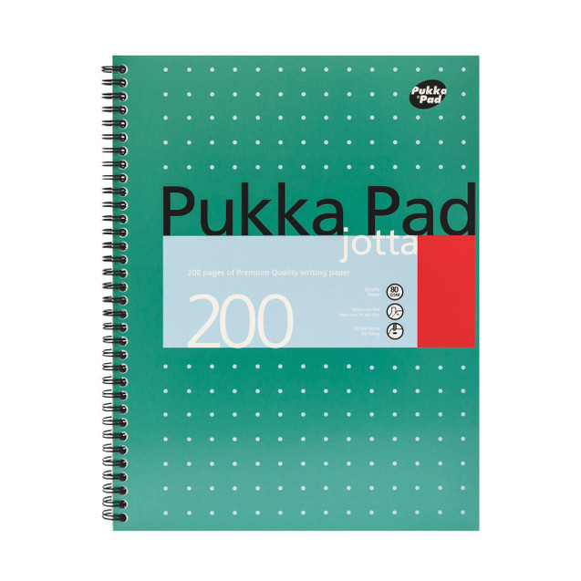 CW Office Pukka Rld Metallic Jotta Pad A4 PK3, spiral-bound notebook with a green cover, white dotted pattern, and product label indicating 200 pages of premium quality writing paper.