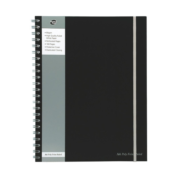 CW Office Pukkapad A4 Poly Jotta Notebook PK3, black notebook with elastic closure and perforated pages for note-taking.
