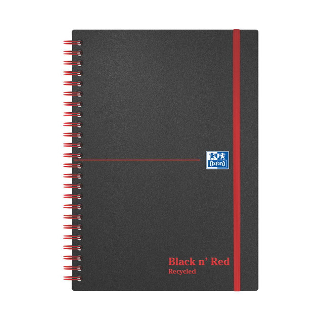 CW Office Black N Red PP Recyc Notebook A5 PK5, black and red recycled spiral-bound notebook with elastic closure.