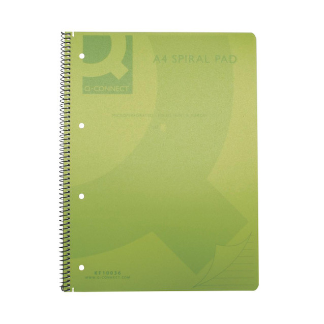 CW Office Q-Connect PP Spiral Pad A4 Green PK5, A4 size spiral-bound notebook with a green cover and three punched holes for binding.