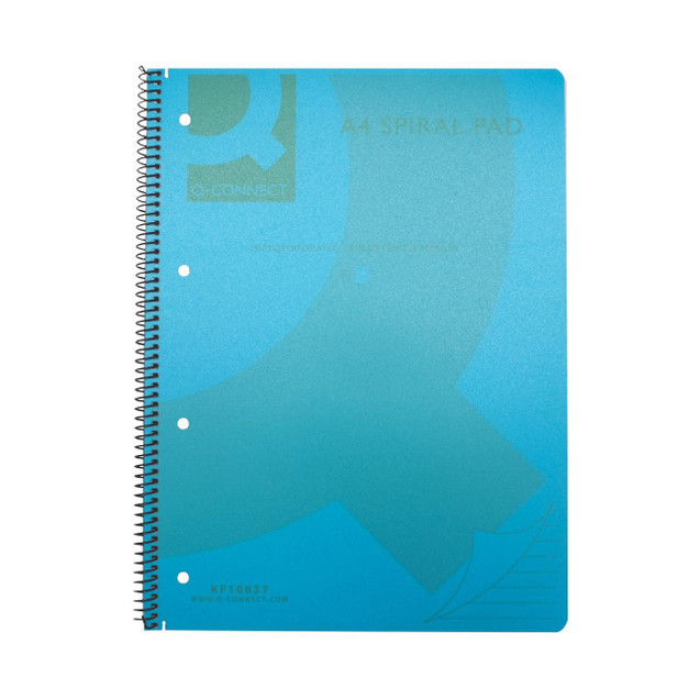 CW Office Q-Connect PP Spiral Pad A4 Blue PK5, blue spiral-bound A4 size pad with perforated pages for note-taking and organization.