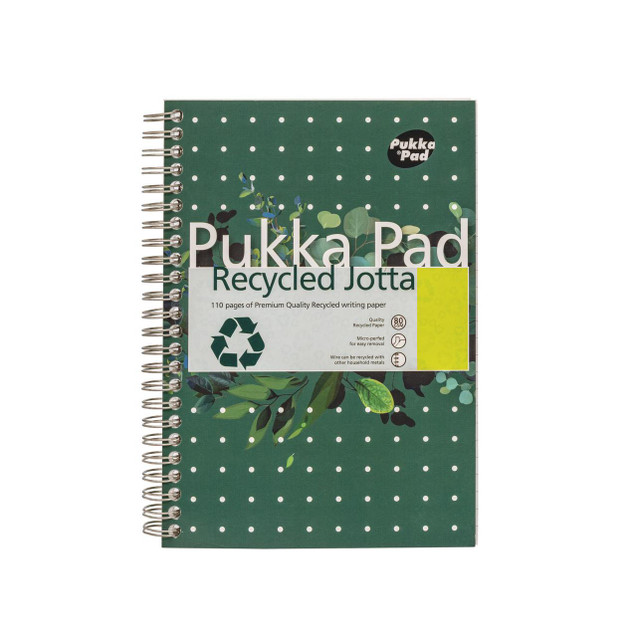 CW Office Pukka Recycled Wirebound Pad A5 PK3, green recycled notebook with a polka dot cover and spiral binding.