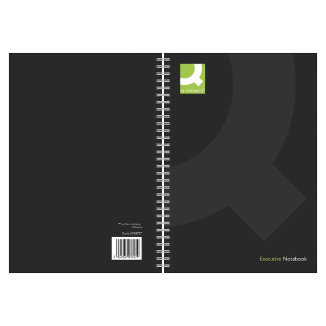 CW Office Qconnect Wirebound A4 Hback BLK PK3, black wirebound A4 size hardcover notebook with white ruled pages and a green and white logo on the cover.