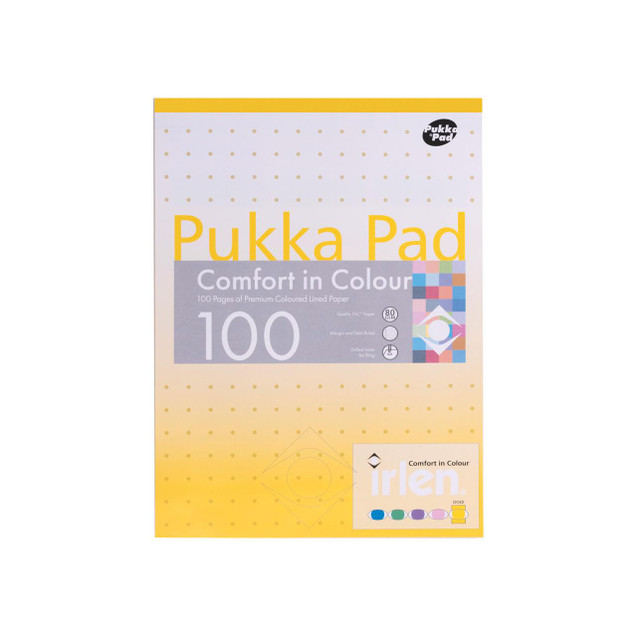 CW Office Pukka Pad A4 Refill Pad Gold PK6, a yellow and white refill pad with 100 pages of coloured lined paper and drilled holes for filing, featuring a colorful pattern and brand logos.