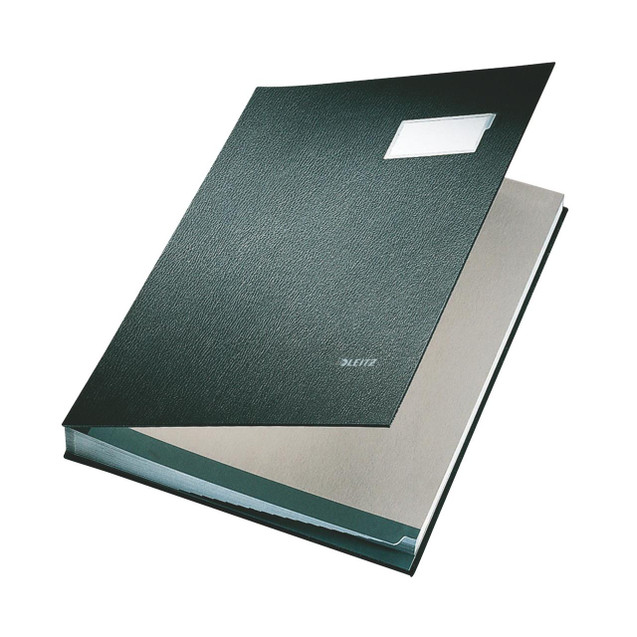 CW Office Leitz Signature Book 240X340MM BLK, black hardcover notebook with a textured surface and a transparent window on the front cover for labels.