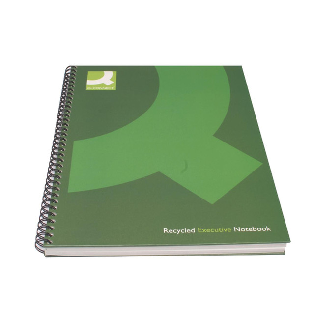 CW Office Qconnect Wbound A5 Hback Recy Bk PK3, green recycled executive notebook with spiral binding.