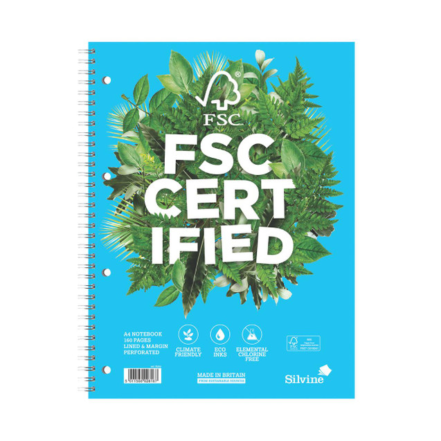 CW Office Silvine Prem A4 Twinwire Notebk PK5, blue cover notebook with green leafy design and 'FSC Certified' text, 160 pages, eco-friendly and perforated pages.