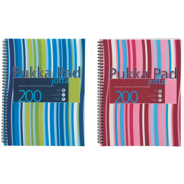 CW Office Pukka Stpes Jotta NBK A4 Blue Pack of 3, colorful striped spiral-bound notebooks with 200 pages each.