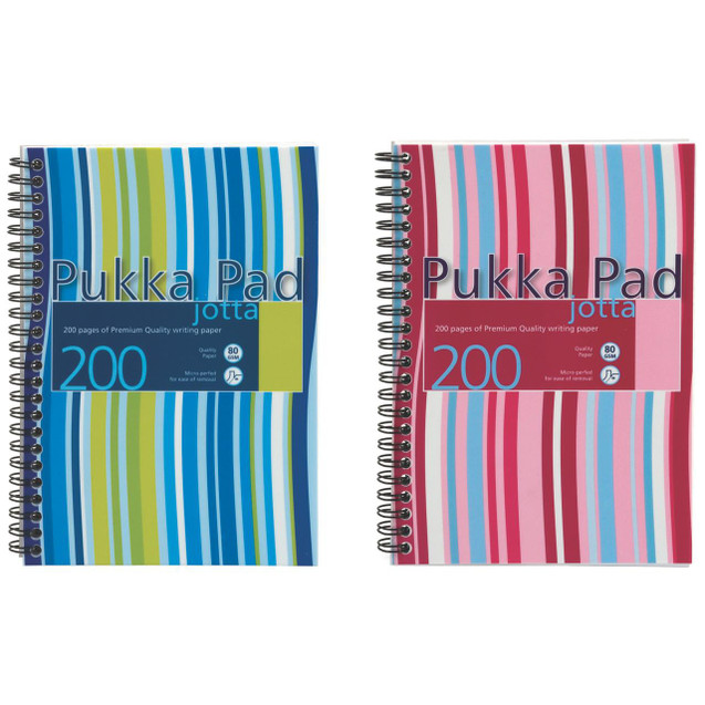 CW Office Pukka Stpes Jotta Nbk A5 BLU PK3, image of two colorful spiral notebooks with striped covers in blue and pink, featuring 200 pages of premium quality writing paper.