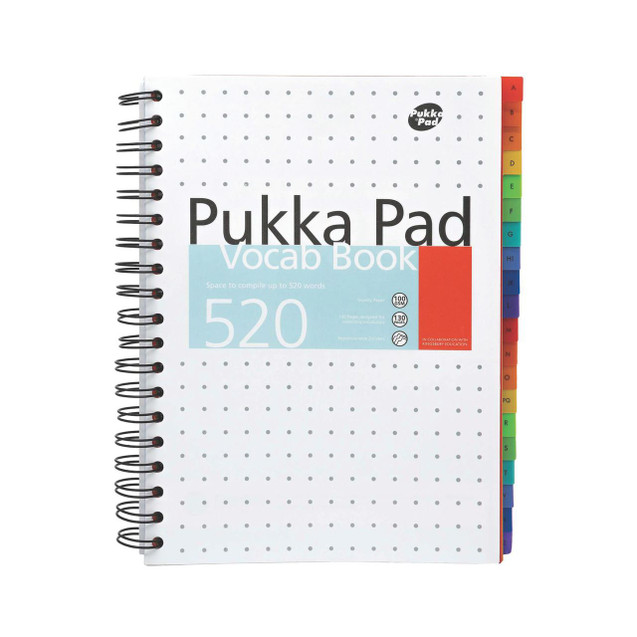 CW Office Pukka Pad Vocabulary Book B5, image of a spiral-bound vocabulary practice notebook with tabbed divider pages in multiple colors.