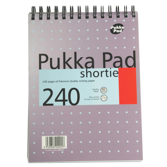 CW Office Pukka Wrebnd Notepad 240PG Gold PK3, front view of a spiral-bound notepad with a purple cover decorated with light blue dots, emphasizing 240 pages of premium quality writing paper.