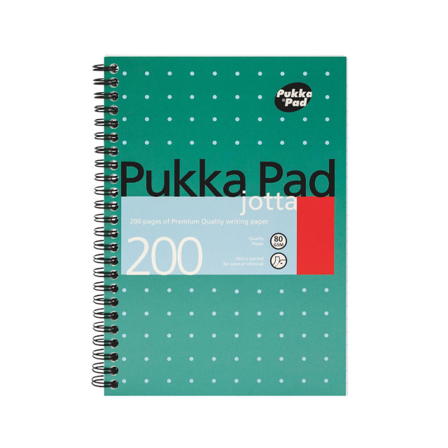 CW Office Pukka Rld Metallic Jotta Pad A5 PK3, green spiral-bound notebook with white polka dots and black text, featuring the Pukka Pad logo and details about 200 pages of premium quality writing paper.