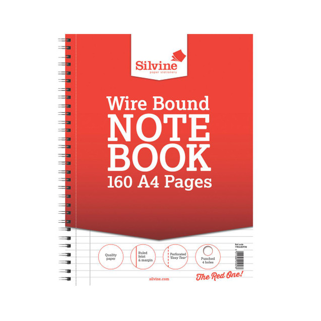 CW Office Silvine Lined Wirebound Ruler Pad A4 PK6, red wirebound notebook with A4 size pages and perforated easy tear features.