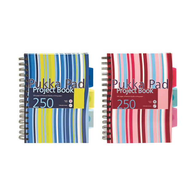 CW Office Pukka A5 Stripes Wb Project Book PK3, colorful striped design A5 project notebooks with spiral binding and tab dividers.