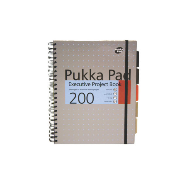 CW Office Pukka Exec Ruled Project Book A4 PK3, beige spiral-bound executive project notebook with labeled tabs and elastic closure for organization and note-taking.