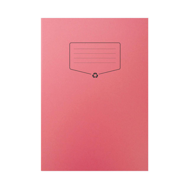 Product CW Office Silvine Rec Ex Book 64P A4 Red PK10, image of a pink A4 size notebook with lined pages and a recycling symbol on the cover.