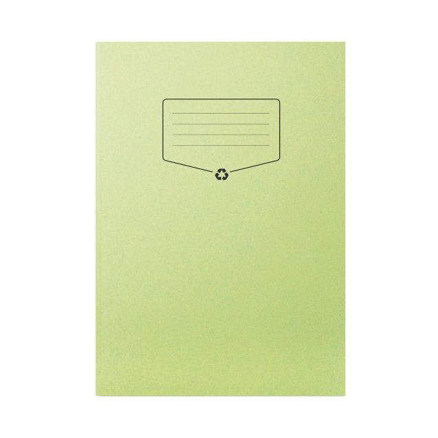 CW Office Silvine Rec Ex Book 64P A4 Green Pack of 10, front view showing green cover with notebook icon and recycle symbol.