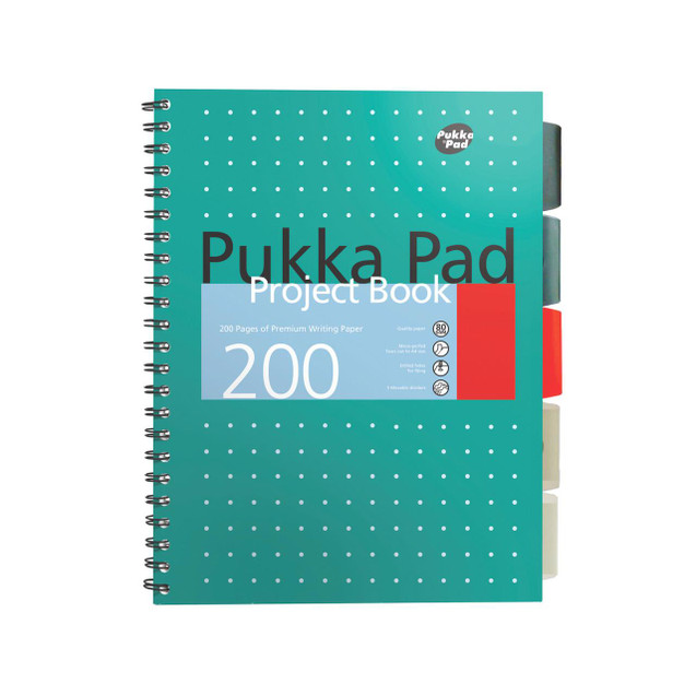 CW Office Pukka Metallic Project Book B5 PK3, a colorful spiral-bound project book with 200 pages of premium writing paper, featuring a teal cover with white polka dots and a small black circle logo.