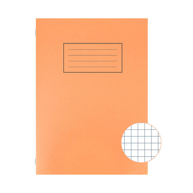 CW Office Silvine A4 Exer Book 80 Pages 5mm Square PK10, orange exercise book with black grid lines and label on the cover.