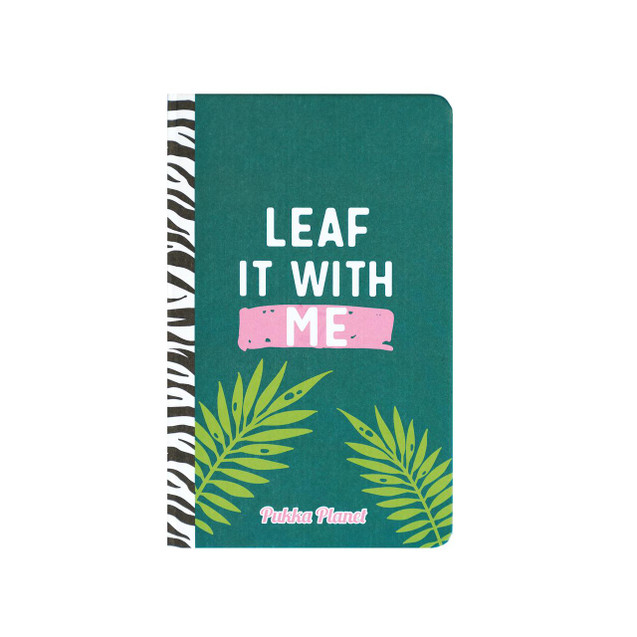 CW Office Pukka Planet Softcover Leaf It With Me notebook, featuring a green cover with tropical leaf illustrations and the phrase 'Leaf It With Me' in white and pink text.