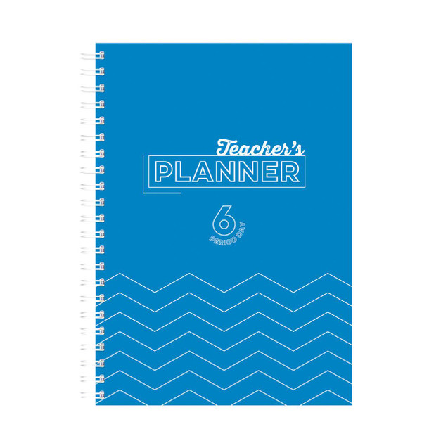 CW Office Silvine Acad Plan/Rec Bk 6P Wb Poly, blue teacher's planner notebook with spiral binding, white geometric patterns, and space for scheduling and organization.