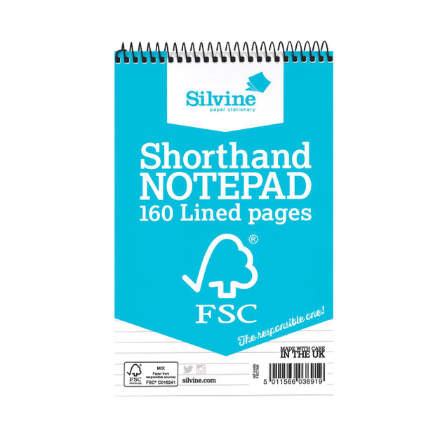 CW Office Silvine Shorthand Notepad 160P P10, blue notepad with white text and spiral binding at the top, featuring the FSC logo and product details.