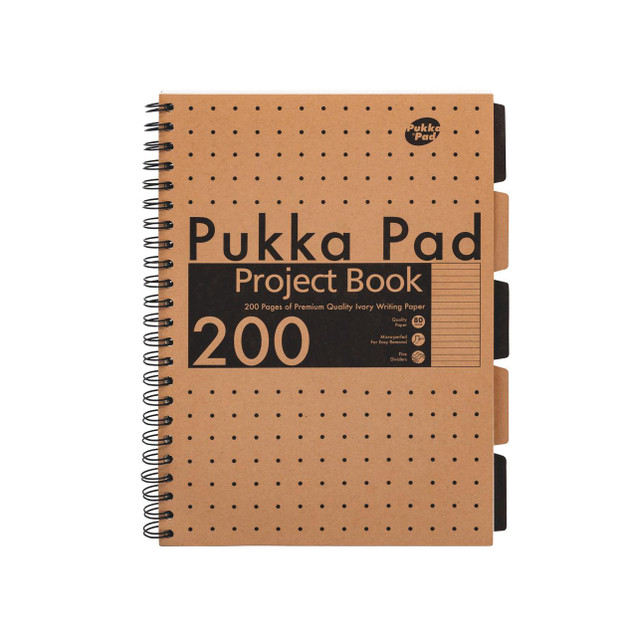 CW Office Pukka Pad Kraft Project Book A4 PK3, brown kraft paper project book with 200 pages and black dot pattern design.