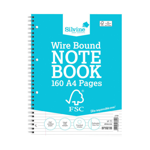 CW Office Silvine Everyday A4 Wbnd Notebk PK5, blue wire bound notebook with 160 A4 pages, FSC certified paper, lined with margin, punched 4 holes, perforated for easy tear, ideal for note-taking and stationery needs.