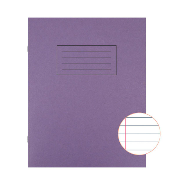 CW Office Silvine 9X7 Exer Books R/M Ppl PK10, purple ruled exercise book with a label on the cover and a close-up of the ruled paper pattern.