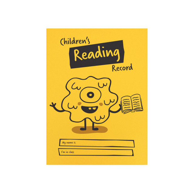 CW Office Silvine Childs Reading Record, yellow children’s reading record book with a cartoon character holding an open book, featuring space for name and class information.