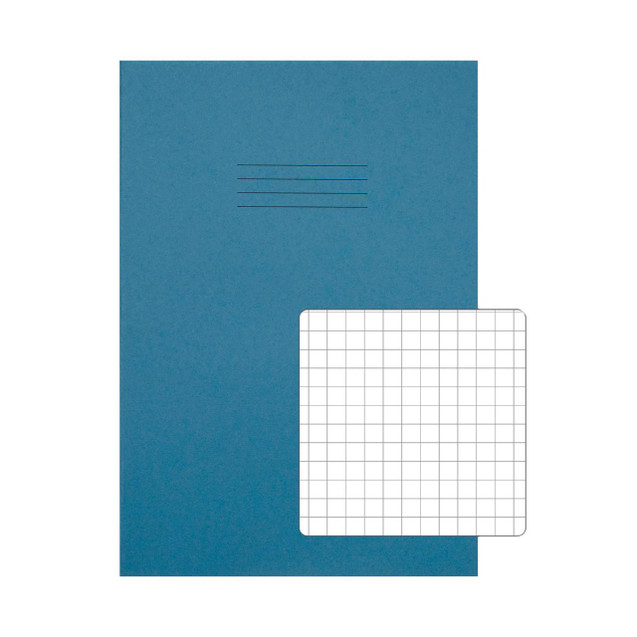 CW Office Rhino A4 Ex Book 7MM Sq L/Blue PK50, blue exercise book with squared pages and elastic binding for note-taking and academic use.