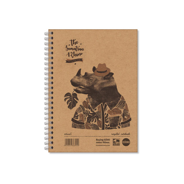 CW Office Rhino Recy Wbnd Notebook 160P A5 PK5, recycled notebook with a rhino illustration and tropical design on its cover.