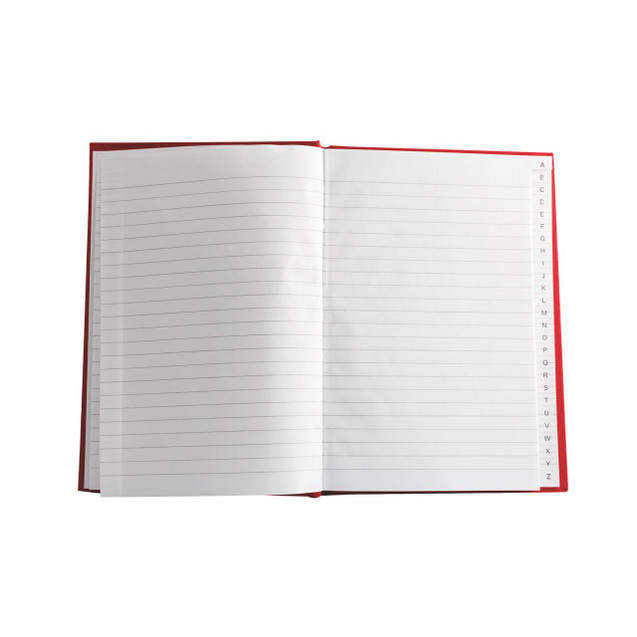CW Office Casebound A5 Index Book PK10, red hardcover book opened to show lined pages with alphabetical index tabs on the right side.