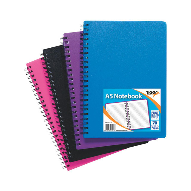 CW Office Sundry A5 Wiro PP Notebk 140 Pg PK5, set of five colorful spiral-bound notebooks in blue, purple, black, and pink