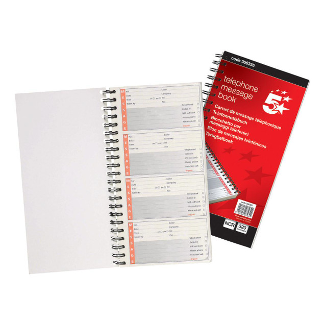 CW Office Telephone Message Book 320 Notes, open message book with pages for recording calls and notes, and red cover with white and black text