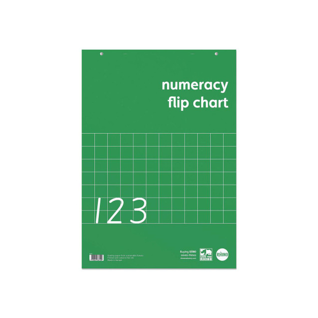 CW Office Rhino Numeracy Flipchart 30 A1 PK5, green flipchart with grid and numbers 1, 2, 3 written on it, used for teaching mathematics and numeracy skills.