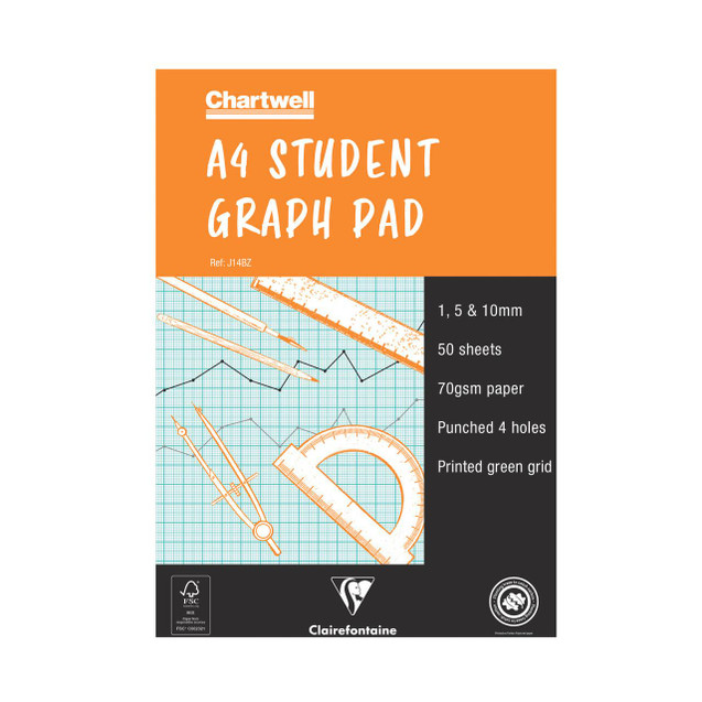 CW Office Chartwell Student Graph Pad A4, orange cover with drawings of graph paper, rulers, and drawing tools, featuring specifications like 1, 5 & 10mm grid, 50 sheets, 70gsm paper, punched holes, and green grid print.