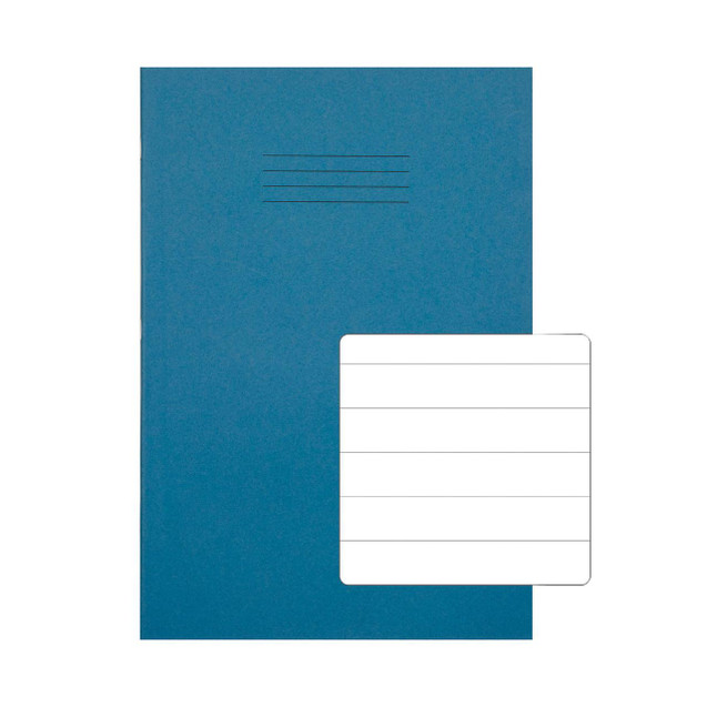 CW Office Rhino A4 Ex Book 15MM Rule L/BLU P50, blue A4 exercise book with ruled pages and a white label for subject or name on the cover.