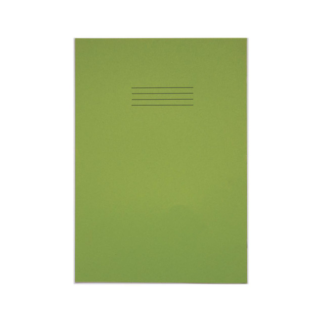 CW Office Rhino Exr Bk 8MM R/M 80 A4+ Lgrn P50, green notebook with four horizontal lines on the cover.
