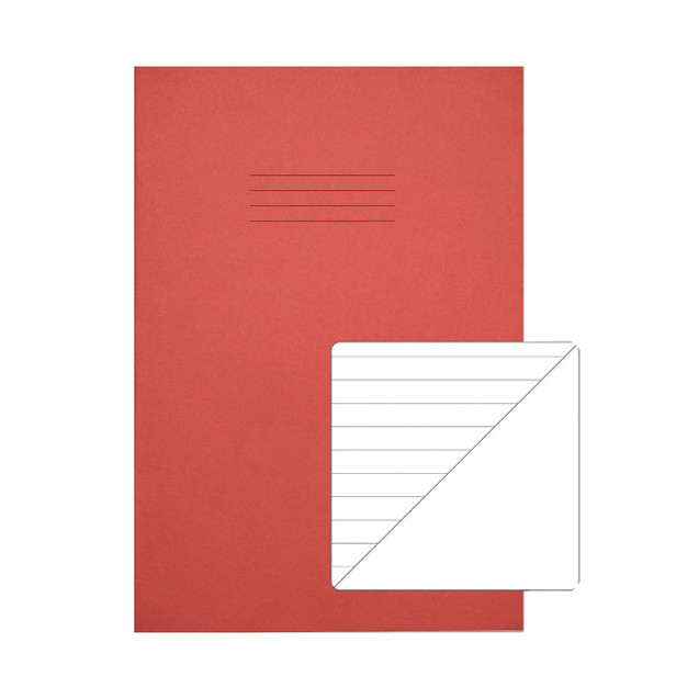 CW Office Rhino A4 Ex Book PLAIN/8MM Red PK50, red plain A4 exercise book with 8mm ruled white pages and an inner pocket for storage.