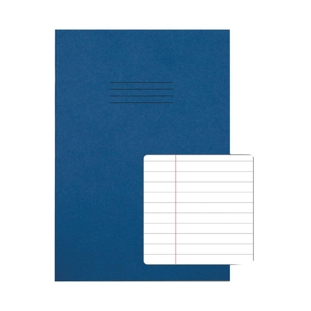 CW Office Rhino A4 Ex Book 8MM R/M D/Blue PK50, blue hardcover exercise notebook with ruled pages and a white label on the cover.