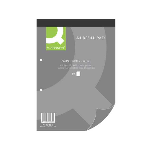 CW Office Q-Connect Plain Refill Pad A4 PK10, image showing a grey A4 refill pad with white inner pages and branding details.