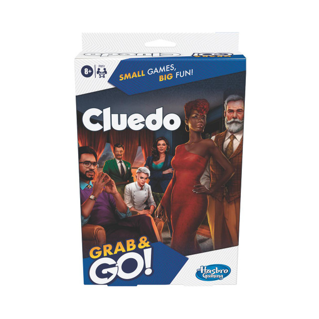 CW Office Cluedo Grab And Go Mystery Game, packaging featuring illustrated characters from the game in a detective-themed setting.