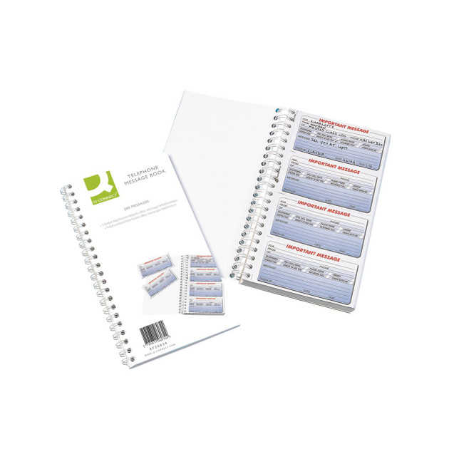 CW Office Q-Connect Tele Message Book 200 Msgs, open message book with several message slips inside for recording important telephone messages.